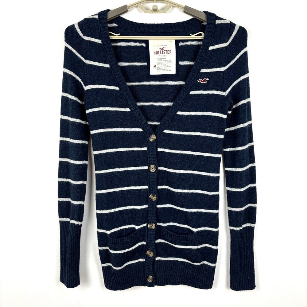 Vintage Y2K Hollister Striped Deep V Long Cardigan Sweater Medium nautical